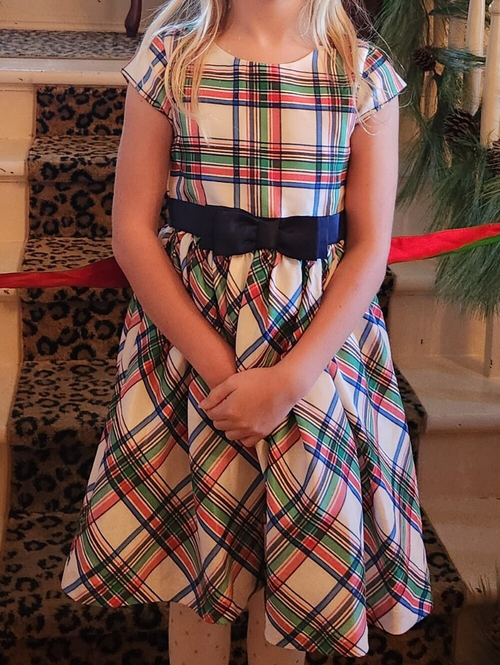 Gymboree White Plaid Dress with Navy Waist Bow